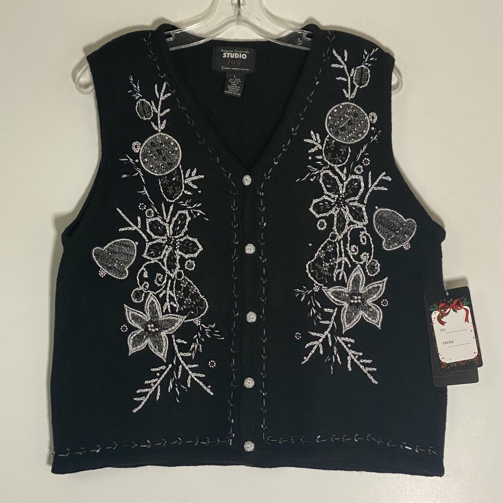 Designers Originals Studio Sweater Vest Womens Large Black Silver Beaded Holiday